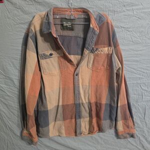 Howler Bros Mens Medium Rodanthe Flannel Outdoor Orange Blue Tan Plaid